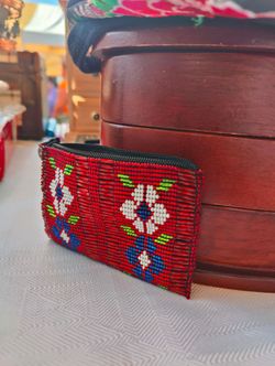 Red Artisinal handmade floral seed bead coin purse /wallet