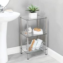 0054: Brand New Metal/Glass 3-Tier Storage Tower, Narrow Shelving Display Unit, Open Glass Shelves; Multi-Use Stand