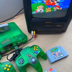 Nintendo 64 Funtastic Jungle Green Console N64 With Matching Controller + 4 Games Including Mario Kart + 2  Memory Cards 