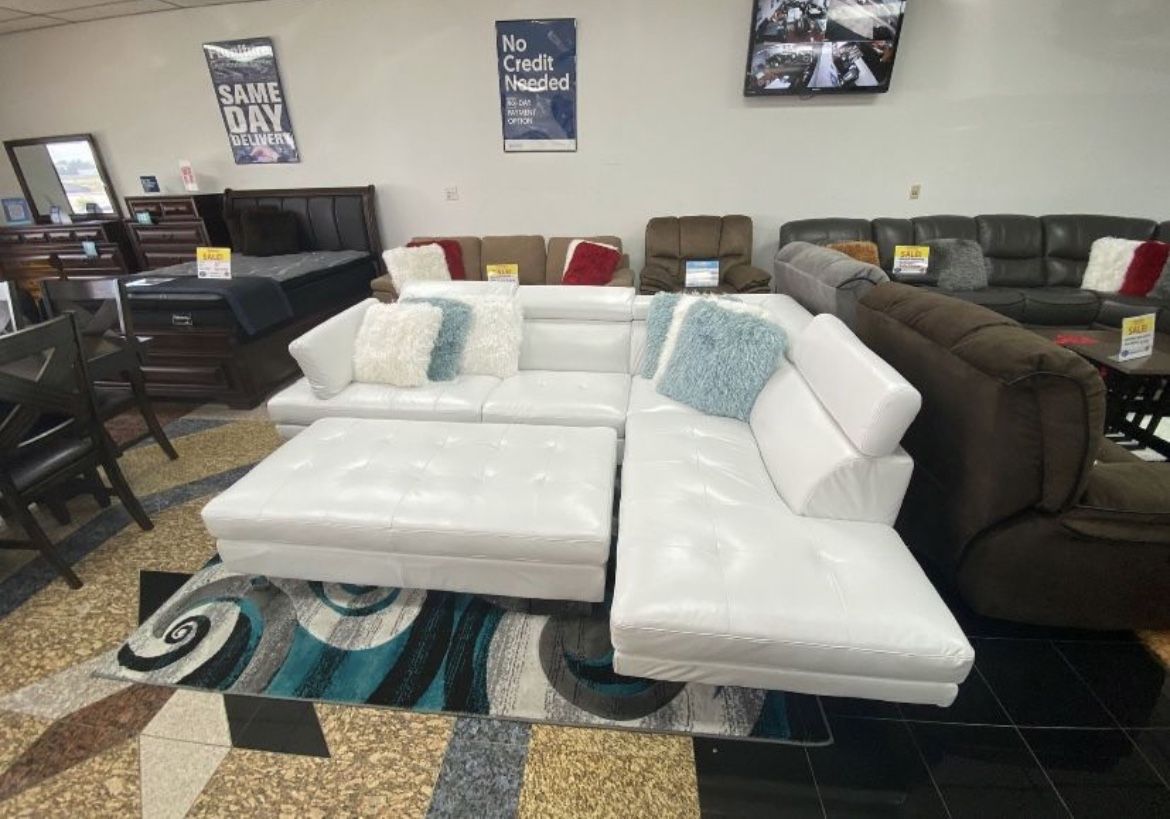 White Leather Sectional With Ottoman ** In Stock ** Easy Financing