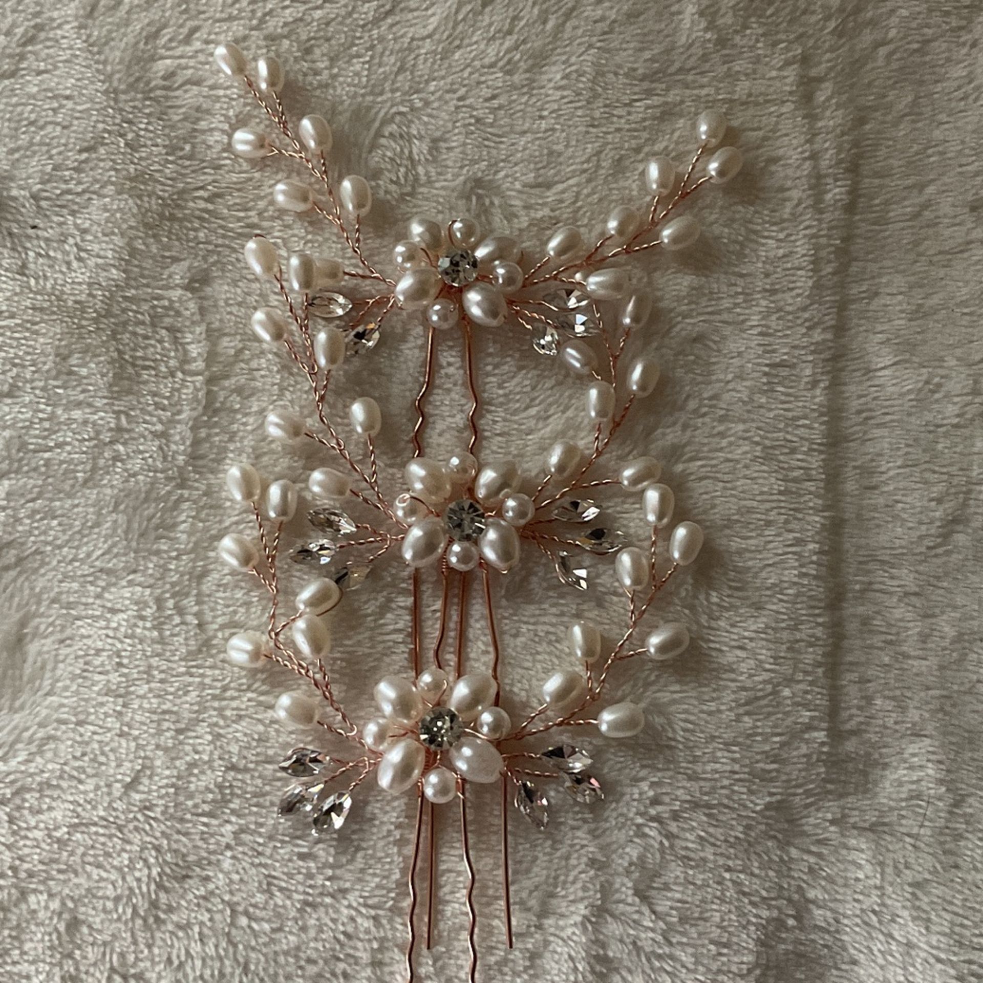 3 Large Goldtone Bridal Hair Pins With Pearls And Rhinestones