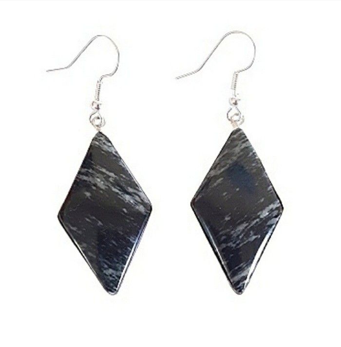 Black and gray jasper diamond shaped dangle earrings with silver hooks new