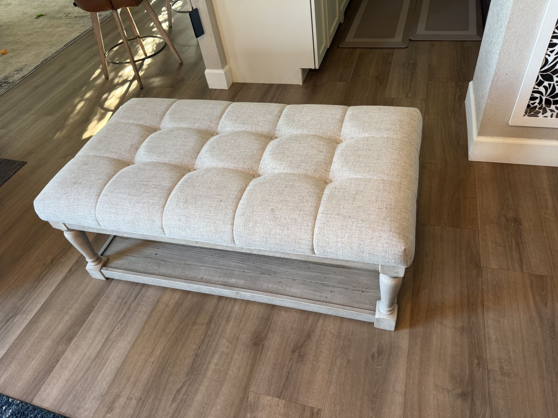 Grey Ottoman W/Bottom Shelf And Tufted Top