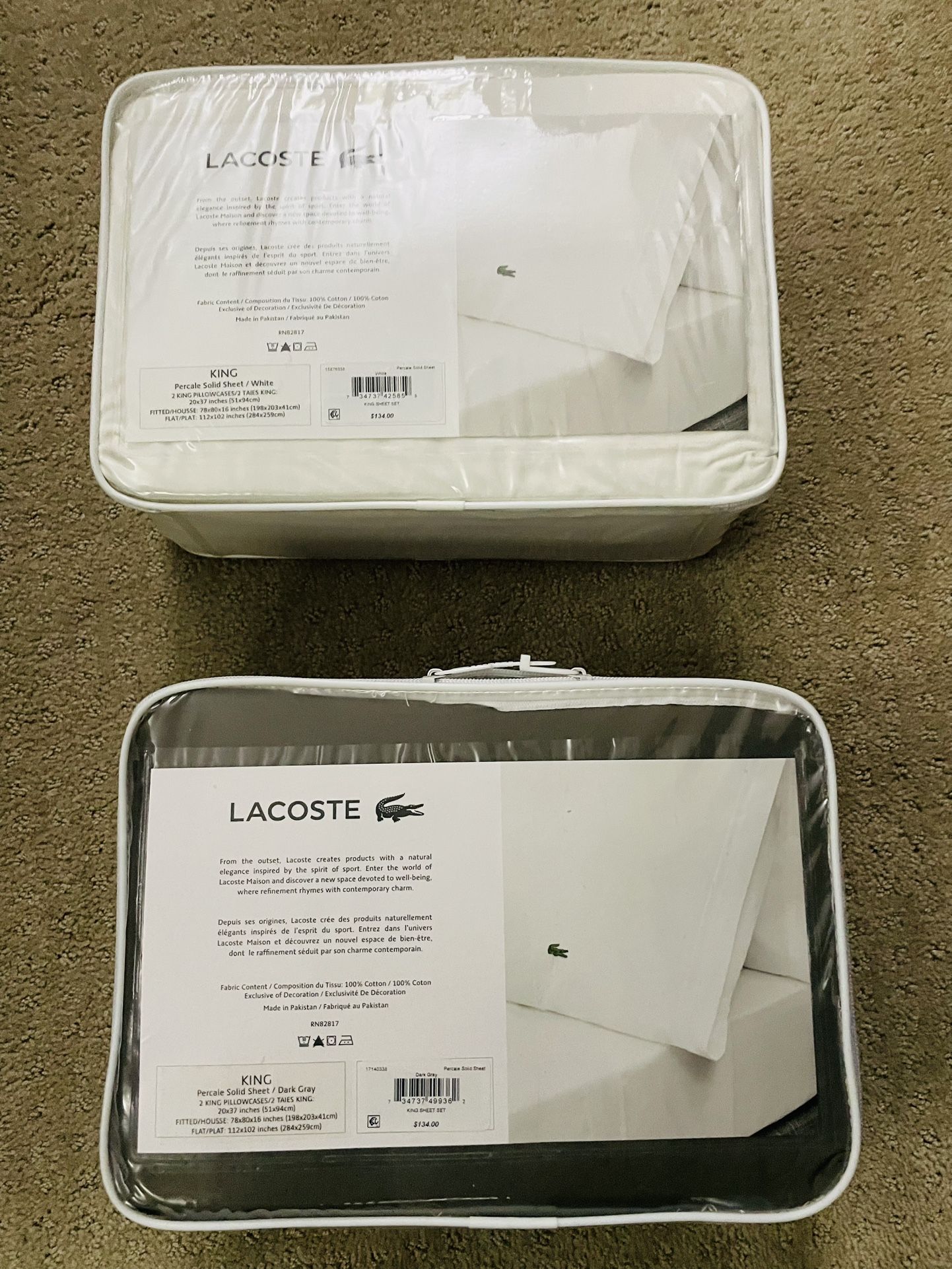 Lacoste Percale King Size Sheet Set Both For $80