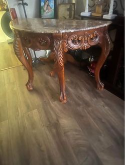 Marble Top Console Table with Carved Wood Base