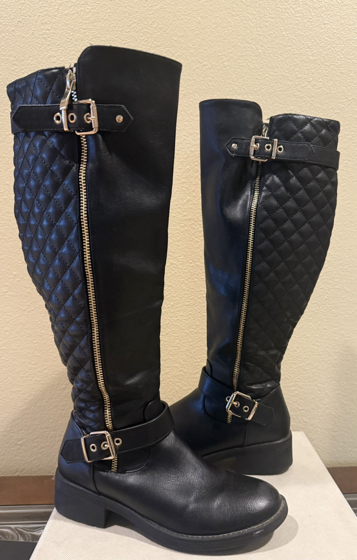 Women Knee High Boots Biker Motorcycle Buckle