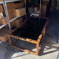 Drexel Mid Century Modern Faux Bamboo and Smoked Glass In-Set Coffee Table 