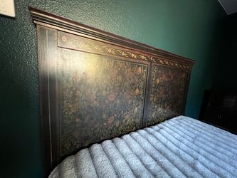 Dark Wood Headboard with Hand-Painted Floral Design queen size