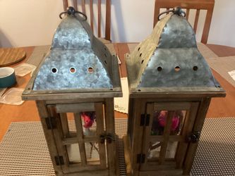 2 Metal Lantern Decorations With Glass Candles Holder Suitable Outdoor/indoor For Porch, Patio ,Garden, Balcony. Base: 6.5” (Same On All Four Sides)