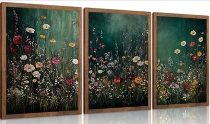 Vintage Dark Green Wildflower Framed Canvas Wall Art Set of 3 - 16 x 24 each