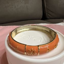 Hinged Bang Bracelet Orange Enamel Gold Tone Metal Fashion Jewelry 