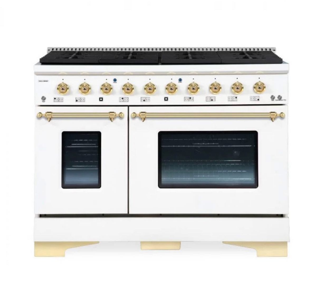 New In Box Hallman 48” Classico Gas Range in White and Gold (w/ griddle and grill accessory)