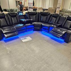 Contemporary Black Leather Power Reclining Sectional Couch 