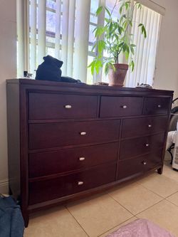 Dark Cherry Wood Dresser with 9 Drawers