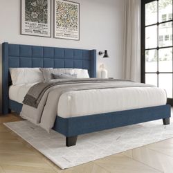 Merax Upholstered Bed Ice with Slatted Frame Backrest, Skin-Friendly Linen Material, Blue, Single Bed