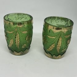 VTG 2 EAPG US Glass 1899 DELAWARE STATE PATTERN Emerald Green Gilt Tumbler 3.75”