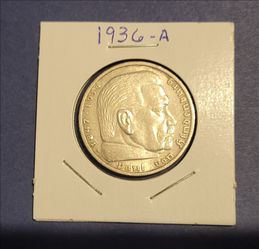 Vintage 1936-A Germany 5 Reichsmark Silver Coin - Uncirculated