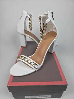 Women's White Gold Chain Ankle Strap Block Heel Sandals Size 8.5 EU 39 NEW