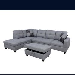 Grey Linen Sectional Couch And Ottoman