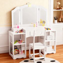 Kids' Wooden Vanity Table and Stool Set with Tri Folding Mirror, Princess Makeup Dressing Table,Children's Furniture, Girls Gift, White