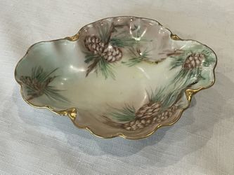 Hand-painted Haviland France porcelain dish with pinecone motif and gold trim. 6.5”x 5.75”