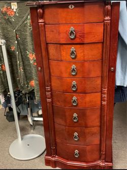 Tall Wooden Jewelry Armoire with Drawers