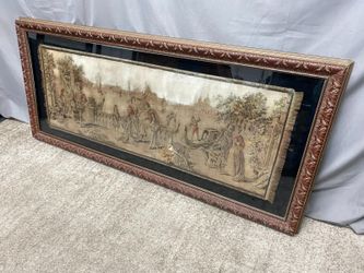 Vintage Tapestry of Renaissance Scene in Ornate Frame