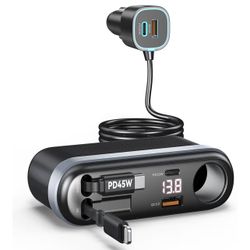 7-in-1 295W Cigarette Lighter Splitter, Cigarette Lighter Adapter with Retractable 45W USB-C/30W Lightning Cables, Car Charger Adapter with LED Voltag