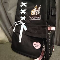 Black Pink Backpack W/ Keychain, Wallet Chain, USB And Headphone Jack Ports