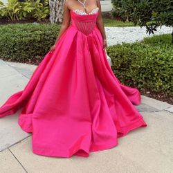 Hot pink corset Prom dress with princess train with Tags
