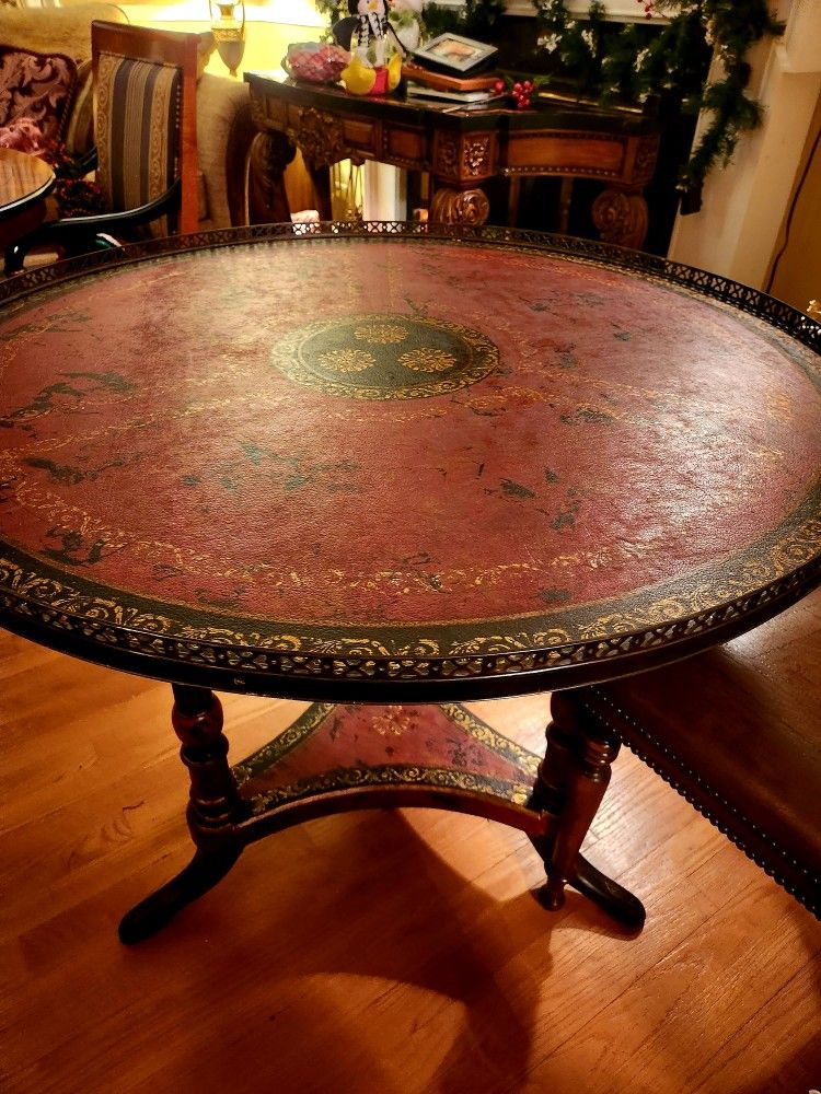 Amazing Theodore Alexander Tooled Leather Table-36" Diameter- Mint Condition