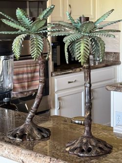 Vintage Bombay Co. Style Metal cast iron/ patina Palm Tree Candlestick Holders - Pair