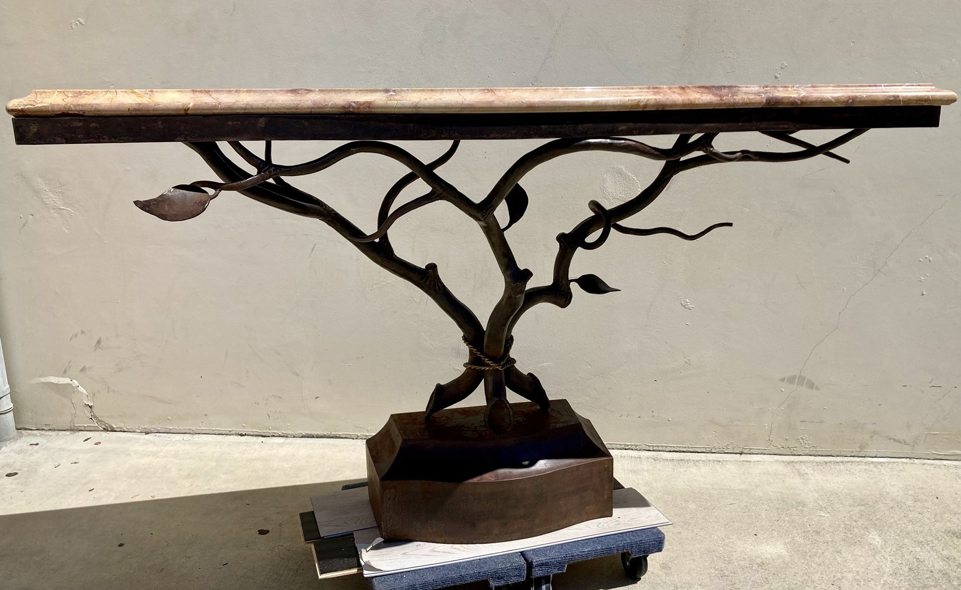 Forged Iron Tree Sculpture Breccia Pernice Italian Marble Console Table