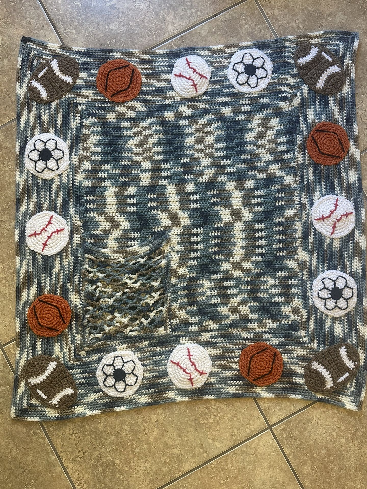 Handmade Sports-Themed Crochet Baby Blanket – 32” × 32”