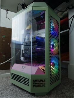 High End Custom Built MicroRTX Gaming PC with monitors and keyboard