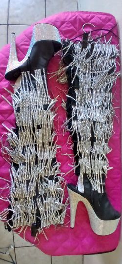 Rhinestone Fringe Platform High Heel Boots