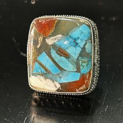 Vintage Ring Size 6.75 Silver 925 Spiny Oyster Square Arizona Turquoise Chunky Large Rectangular