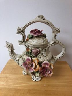 Vintage Floral Teapot Capodimonte Sculpture (14” Tall)