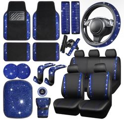 Leather Car Seat Covers Full Set Sparkly Rhinestone15'' Steering Wheel Covers Shining Blue Rhinestone Car Floor Mats Cute Car Interior Sets