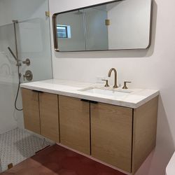 55” Oak Floating Vanity with Quartz & Faucet