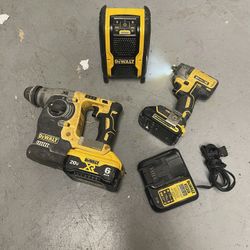 DEWALT 20V SDS Rotary Hammer Drill +Radio Bluetooth Speaker +impac drill + 2 batteries and charger