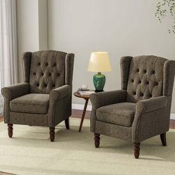  Set Of 2 Accent Chair, Upholstered Armchair with Button Tufted High Back & Solid Wood Legs, Comfy Wingback Reading Single Sofa Chair 