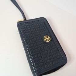 Tory Burch Blue Leather Gold Tone Wallet/Wristlet