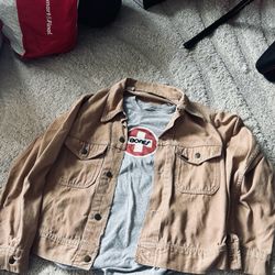Vintage 1970s Lee Rider Jacket – Tan Twill / Union Made USA  & Bones Bearing Tee - S