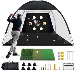 Golf Net, 10x7 Ft Practice Hitting Golf Net with Tri-Turf Mat, Ball, Tee, and Carring Bag, All-in-One Multi-Target Training Aid for Outdoor/Indoor Chi