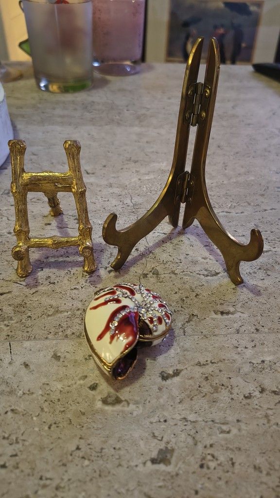 Brass And Bamboo Dipped In Gold Easels And Bejeweled Trinket Box 