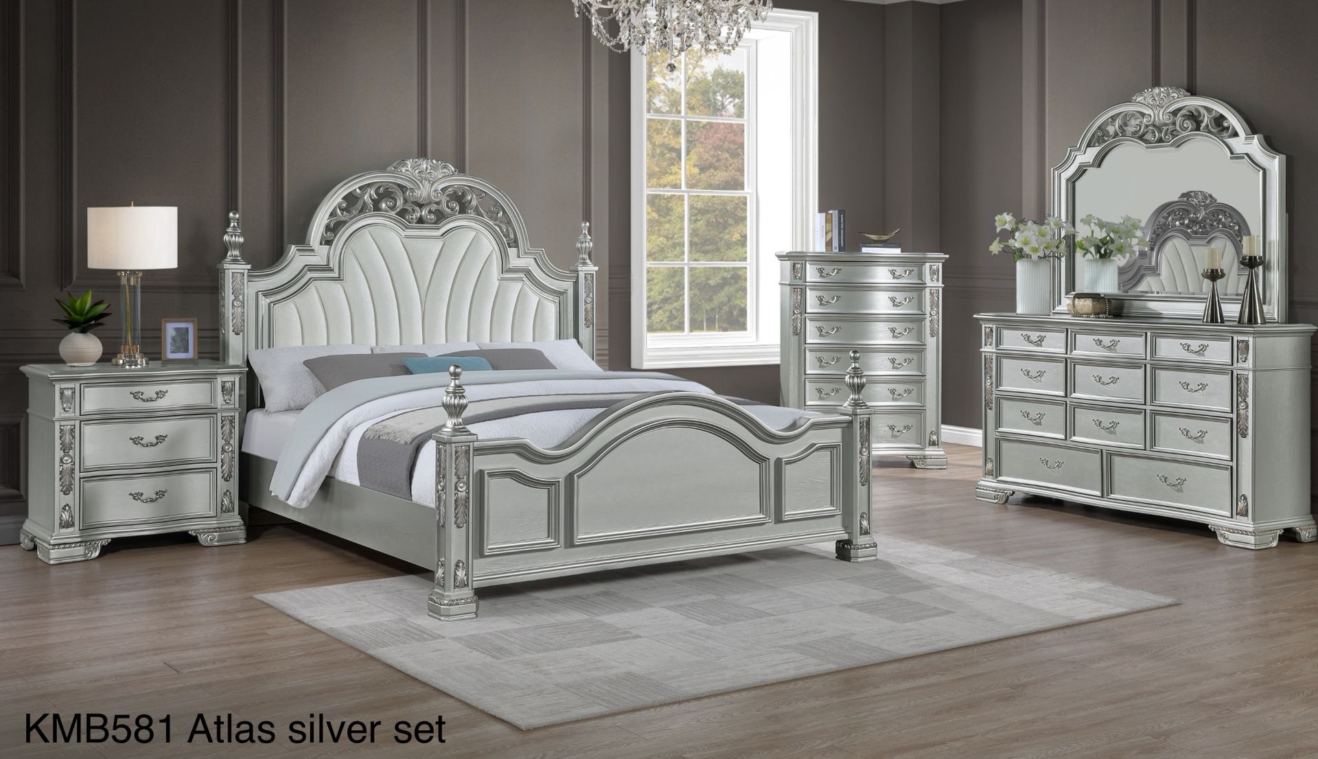 New Queen Size Wood Silver Bedroom 4pc Set Home Decor Furniture Lehigh