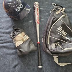 Baseball Bag, Bat, Balls, Helmet