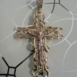 Tricolor Jesus Large Gold Plated Cross Pendant 3”