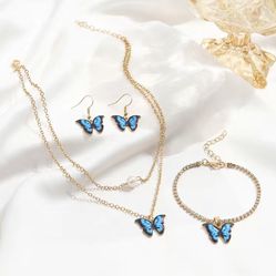 Blue Butterfly Jewelry Set with Bracelet